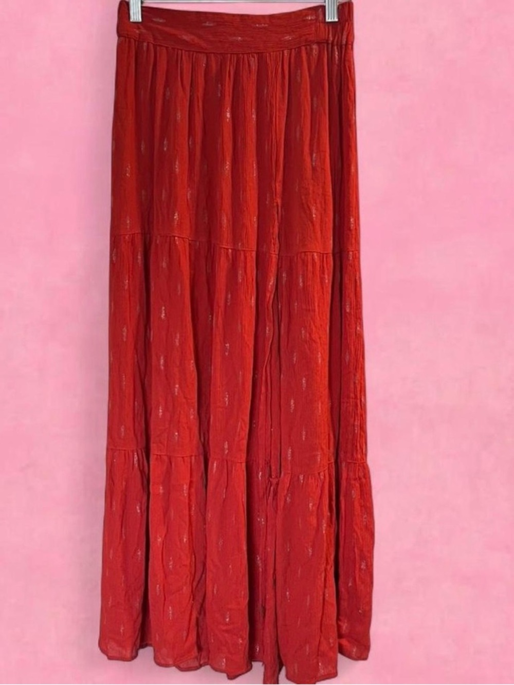 miami Red Tiered Maxi Skirt with Subtle Metallic Detail